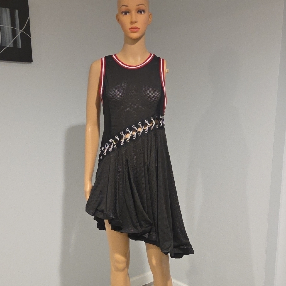 AKIRA Black Asymmetrical Dress with Pink Trim